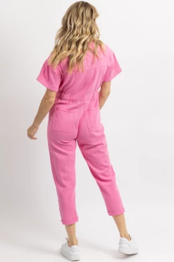 FORE COLLECTION HOT PINK WASHED DENIM JUMPSUIT NEW ARRIVALS