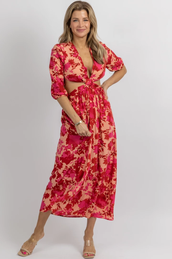 SUNDAY UP HOT PINK FLORAL CUTOUT CROSS MIDI DRESS 2 SUNDAY UP HOT PINK FLORAL CUTOUT CROSS MIDI DRESS