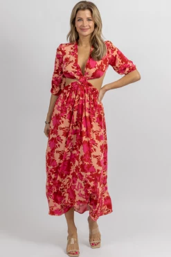 SUNDAY UP HOT PINK FLORAL CUTOUT CROSS MIDI DRESS