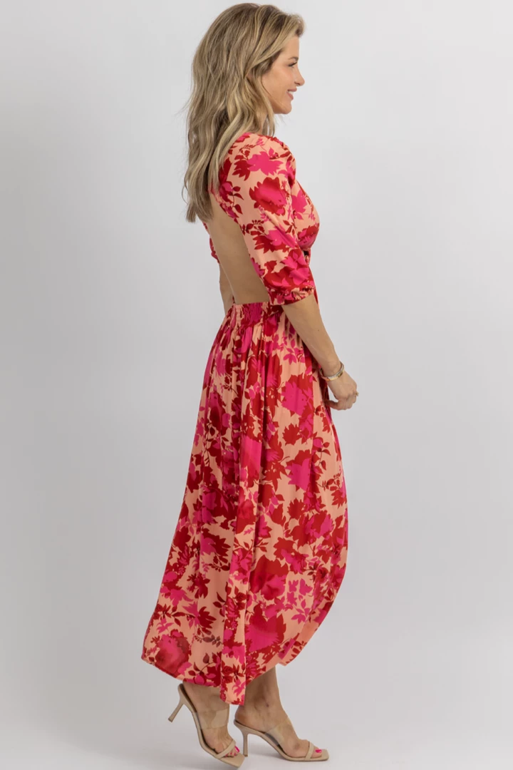 SUNDAY UP HOT PINK FLORAL CUTOUT CROSS MIDI DRESS 3 SUNDAY UP HOT PINK FLORAL CUTOUT CROSS MIDI DRESS