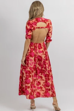 SUNDAY UP HOT PINK FLORAL CUTOUT CROSS MIDI DRESS 7 SUNDAY UP HOT PINK FLORAL CUTOUT CROSS MIDI DRESS