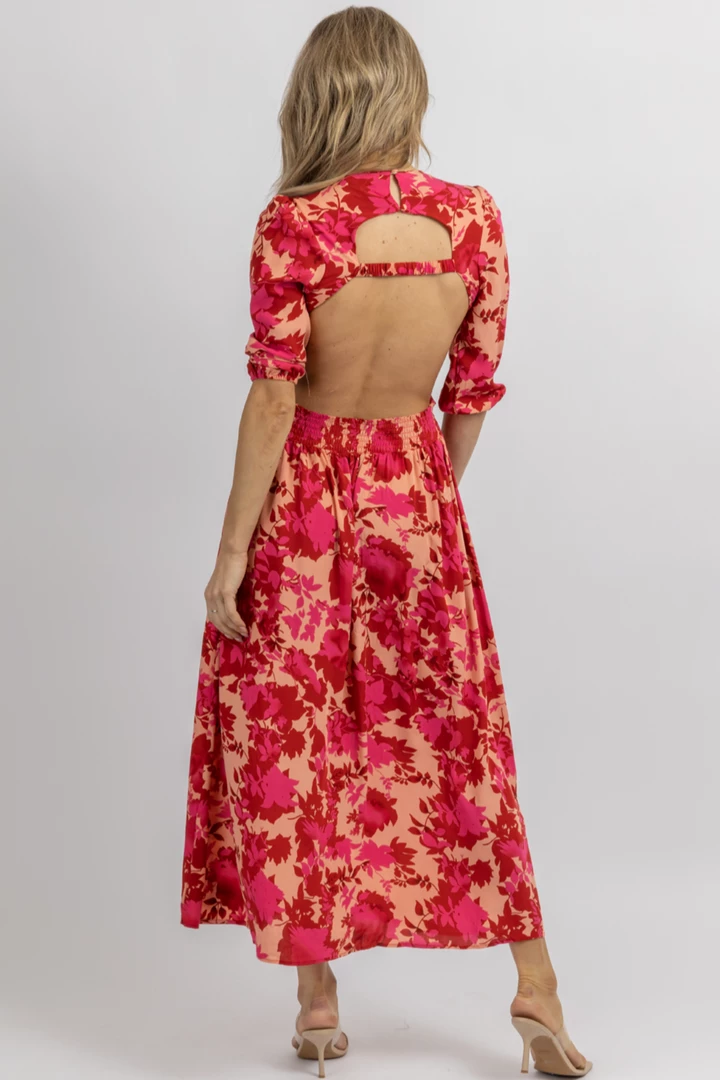 SUNDAY UP HOT PINK FLORAL CUTOUT CROSS MIDI DRESS 4 SUNDAY UP HOT PINK FLORAL CUTOUT CROSS MIDI DRESS