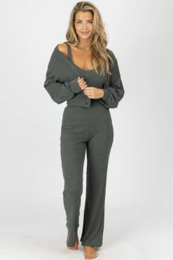 CRESCENT NEW ARRIVALS OLIVE RIBBED 3-PIECE CARDIGAN SET *BACK IN STOCK*