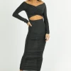 ENDLESS BLU NEW ARRIVALS HUNTER OFF-SHOULDER SHIRRED SLINKY MIDI DRESS