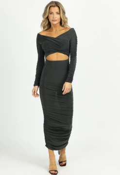 ENDLESS BLU NEW ARRIVALS HUNTER OFF-SHOULDER SHIRRED SLINKY MIDI DRESS 11 ENDLESS BLU NEW ARRIVALS HUNTER OFF-SHOULDER SHIRRED SLINKY MIDI DRESS