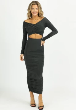 ENDLESS BLU NEW ARRIVALS HUNTER OFF-SHOULDER SHIRRED SLINKY MIDI DRESS 9 ENDLESS BLU NEW ARRIVALS HUNTER OFF-SHOULDER SHIRRED SLINKY MIDI DRESS