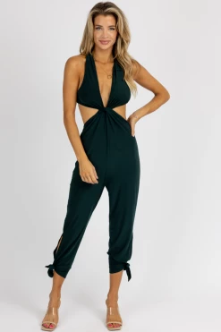 ENDLESS BLU NEW ARRIVALS HUNTER GREEN OPEN LEG CUTOUT JUMPSUIT
