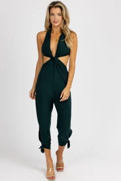 ENDLESS BLU NEW ARRIVALS HUNTER GREEN OPEN LEG CUTOUT JUMPSUIT