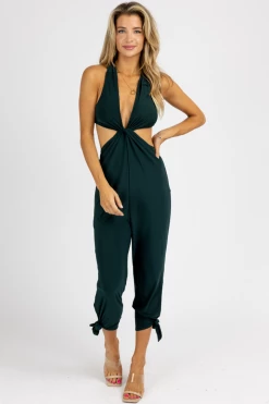 ENDLESS BLU NEW ARRIVALS HUNTER GREEN OPEN LEG CUTOUT JUMPSUIT