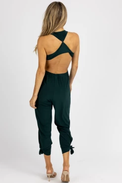 ENDLESS BLU NEW ARRIVALS HUNTER GREEN OPEN LEG CUTOUT JUMPSUIT