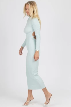 WINWIN APPAREL MISTY BLUE LONG SLEEVE OPEN BACK DRESS NEW ARRIVALS