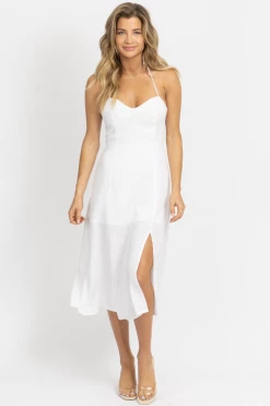 CRESCENT IVORY BUSTIER HALTER LINEN MIDI DRESS