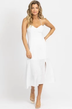 CRESCENT IVORY BUSTIER HALTER LINEN MIDI DRESS