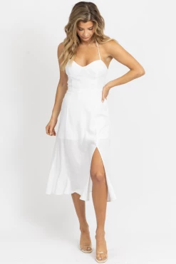 CRESCENT IVORY BUSTIER HALTER LINEN MIDI DRESS