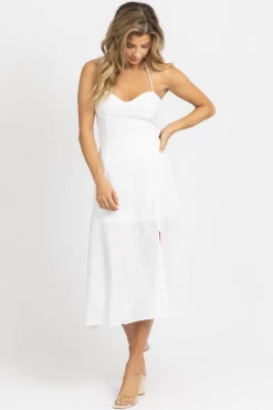 CRESCENT IVORY BUSTIER HALTER LINEN MIDI DRESS