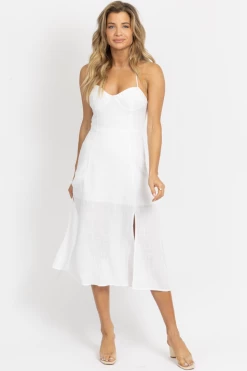 CRESCENT IVORY BUSTIER HALTER LINEN MIDI DRESS