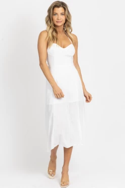 CRESCENT IVORY BUSTIER HALTER LINEN MIDI DRESS