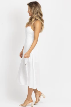 CRESCENT IVORY BUSTIER HALTER LINEN MIDI DRESS