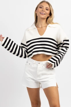 CRESCENT NEW ARRIVALS IVORY CORBIN STRIPED POLO COLLARED TOP