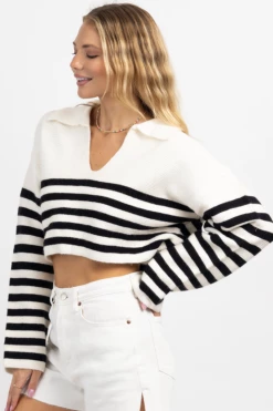 CRESCENT NEW ARRIVALS IVORY CORBIN STRIPED POLO COLLARED TOP