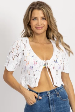 EMORY PARK WHITE CROCHET FRONT TIED CROP TOP