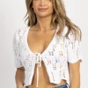 EMORY PARK WHITE CROCHET FRONT TIED CROP TOP