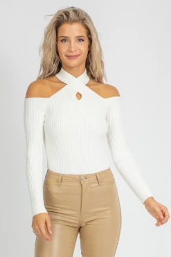 IDEM DITTO CLOTHING CREAM CROSS-NECK RIBBED KNIT