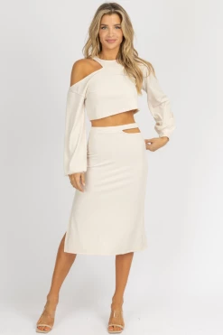 ENDLESS BLU LIGHT SAND CUTOUT CROP + MIDI SKIRT SET NEW ARRIVALS
