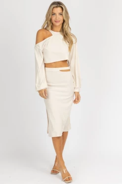ENDLESS BLU LIGHT SAND CUTOUT CROP + MIDI SKIRT SET NEW ARRIVALS