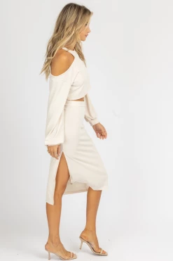 ENDLESS BLU LIGHT SAND CUTOUT CROP + MIDI SKIRT SET NEW ARRIVALS