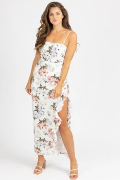 LENA WHITE FLORAL HIGH RUFFLE SLIT MIDI DRESS