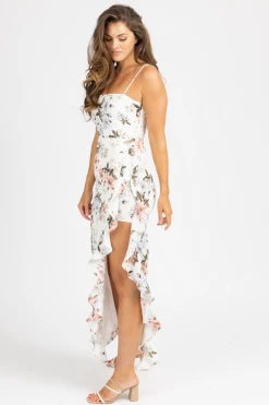 LENA WHITE FLORAL HIGH RUFFLE SLIT MIDI DRESS