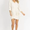 FORE COLLECTION NEW ARRIVALS CREAM CUFF-SLEEVE WRAP MINI DRESS
