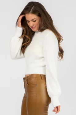 OLIVACEOUS IVORY FUZZY SEMICROP SWEATER