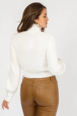 OLIVACEOUS IVORY FUZZY SEMICROP SWEATER