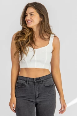 MISS LOVE IVORY KNIT BODICE CROP TANK CLOTHING