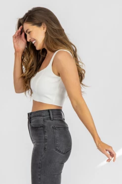 MISS LOVE IVORY KNIT BODICE CROP TANK CLOTHING