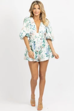 LUXXEL NEW ARRIVALS IVORY MULTIFLORAL PUFF SLEEVE ROMPER