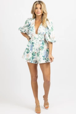 LUXXEL NEW ARRIVALS IVORY MULTIFLORAL PUFF SLEEVE ROMPER