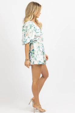 LUXXEL NEW ARRIVALS IVORY MULTIFLORAL PUFF SLEEVE ROMPER