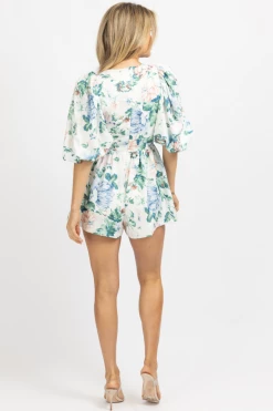 LUXXEL NEW ARRIVALS IVORY MULTIFLORAL PUFF SLEEVE ROMPER