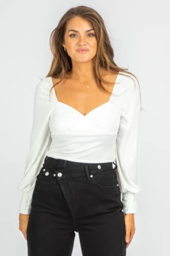 BLUE BLUSH IVORY RIBBED PUFF SLEEVE BODYSUIT