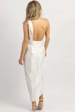 LUXXEL IVORY SATIN ONE SHOULDER WRAP DRESS