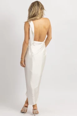 LUXXEL IVORY SATIN ONE SHOULDER WRAP DRESS