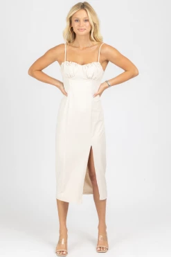 LENA OFF WHITE SHIRRED BUST MIDI DRESS NEW ARRIVALS