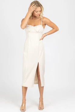 LENA OFF WHITE SHIRRED BUST MIDI DRESS NEW ARRIVALS