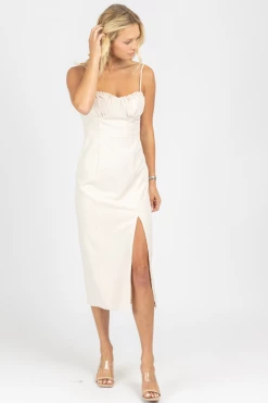 LENA OFF WHITE SHIRRED BUST MIDI DRESS NEW ARRIVALS