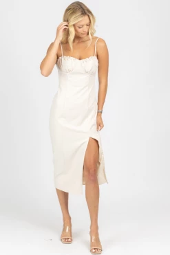 LENA OFF WHITE SHIRRED BUST MIDI DRESS NEW ARRIVALS