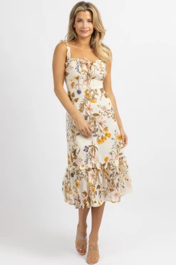 SUNDAY UP IVORY WILDFLOWER TIE BUST MIDI DRESS *BACK IN STOCK*