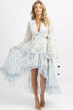 SUNDAY UP NEW ARRIVALS IVORY FLORAL + SHIMMER CUTOUT HIGH LO DRESS *BACK IN STOCK*